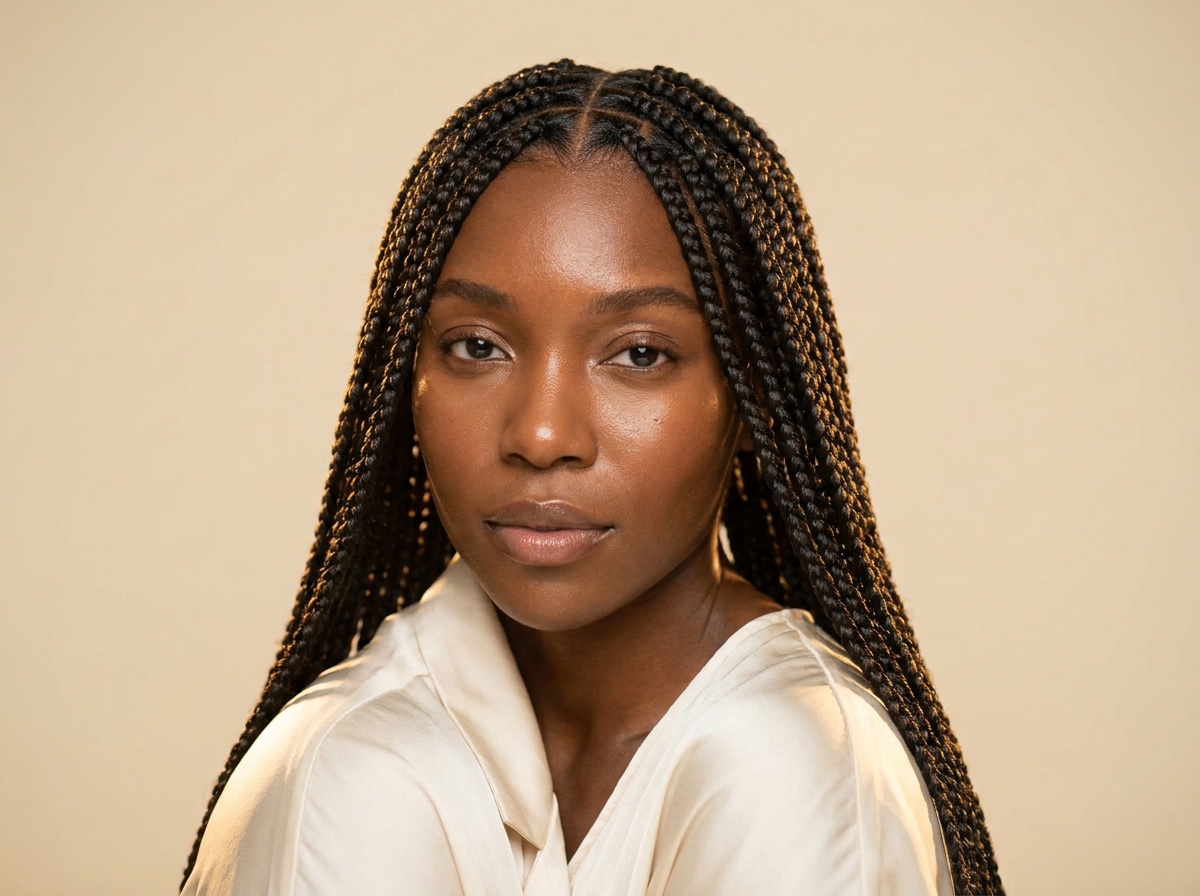 Woman with long glossy box braids and a neat, healthy parting